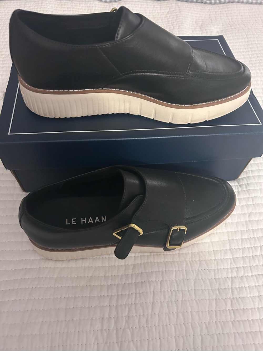 Cole Haan Black Leather Slip-On Loafers with Gold Buckles